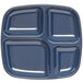A blue Carlisle melamine tray with four compartments.