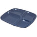 A blue tray with four compartments.