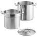 A Vigor stainless steel pasta cooker with strainer and lid.