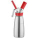 A stainless steel and red iSi whipped cream dispenser.