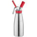 A silver and red iSi Gourmet Whip stainless steel sprayer.