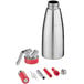 A silver iSi Gourmet Whip stainless steel bottle with red accents and nozzles.