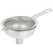 A silver stainless steel funnel with a sieve insert and a handle.