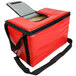 A red Sterno insulated food carrier with a lid open.