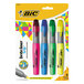 A yellow Bic tube with black text containing Bic Brite Liner Grip Assorted Color Highlighters.