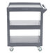 A granite gray plastic utility cart with three shelves and wheels.