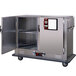 A Metro stainless steel heated banquet cabinet with two open doors.