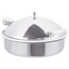 A silver Vollrath Intrigue round chafing dish with a lid.