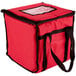 A red insulated food delivery bag with a black zipper and handle.