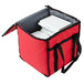 A red and black San Jamar insulated food delivery bag with a white styrofoam container inside.