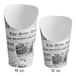 Two Choice paper scoop cups with a newsprint design on a white surface.