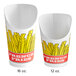 Two white Choice paper scoop cups with a red and yellow fry design.