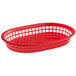 A red plastic oval fast food basket with holes and a handle.