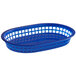 A blue plastic oval fast food basket with holes.
