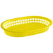 A yellow plastic oval fast food basket with a white railing.