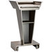 A Bon Chef stainless steel podium with a shelf on wheels.