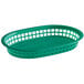A green plastic oval fast food basket with holes.