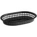 A black oval plastic fast food basket with holes and a handle.