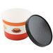 A black and orange Choice paper soup container with a vented paper lid.