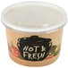 A white double poly-coated paper soup cup with a black lid and white text that reads "hot and fresh" on it.
