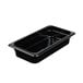 A black Cambro plastic food pan on a counter.