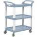 A gray three-tiered utility cart with wheels.