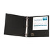 An Avery black economy view binder with white paper on it.