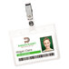 A clear horizontal clip-style badge holder with a barcode attached.