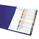 A blue file folder with Avery customizable colorful table of contents dividers inside.