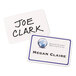 Two Avery self-adhesive name badges with blue borders on a white background.