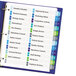 A blue binder with Avery multi-colored table of contents dividers.