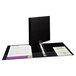 A black Avery Durable Non-View Binder with a few papers inside.