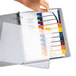 A person's hand holding a folder with Avery Ready Index multi-color plastic dividers.