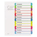 A white table of contents with colorful rectangular tabs.