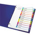 A blue file folder with Avery customizable table of contents dividers in it.