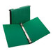 An Avery green hanging storage binder with silver rings.