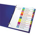 A blue binder with Avery customizable colorful table of contents dividers.
