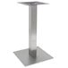 A silver square metal table base for outdoor use.