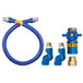 A blue hose with a yellow label and blue hose fittings.