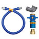 A blue flexible gas hose with a yellow label and a blue hose fitting.