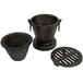 A black metal bucket with a round metal grate inside and a black pot with a round bottom.