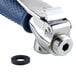 A T&S low-flow pre-rinse spray valve with a blue and silver hand held sprayer and black ring.