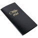 A black Menu Solutions wine list cover with gold text on it.