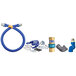 A blue Dormont gas connector hose kit with fittings and a black swivel elbow.