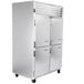 A stainless steel Traulsen reach-in refrigerator with left hinged doors and wheels.