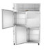 A stainless steel Traulsen reach-in refrigerator with left hinged doors open.