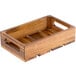 A Tablecraft Fourth Size Acacia Wood Serving and Display Crate with three compartments and handles.