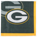 A green Creative Converting beverage napkin with a white and black Green Bay Packers logo and yellow circle.