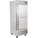An Avantco stainless steel reach-in freezer with wheels.