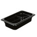 A black Cambro 1/4 size plastic food pan on a counter.